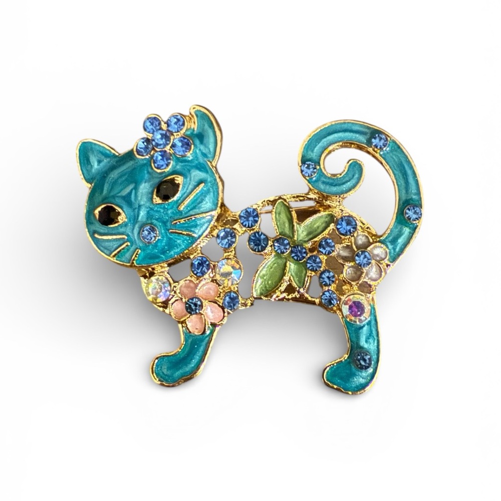 Blue in Gold Tone Cat Brooch